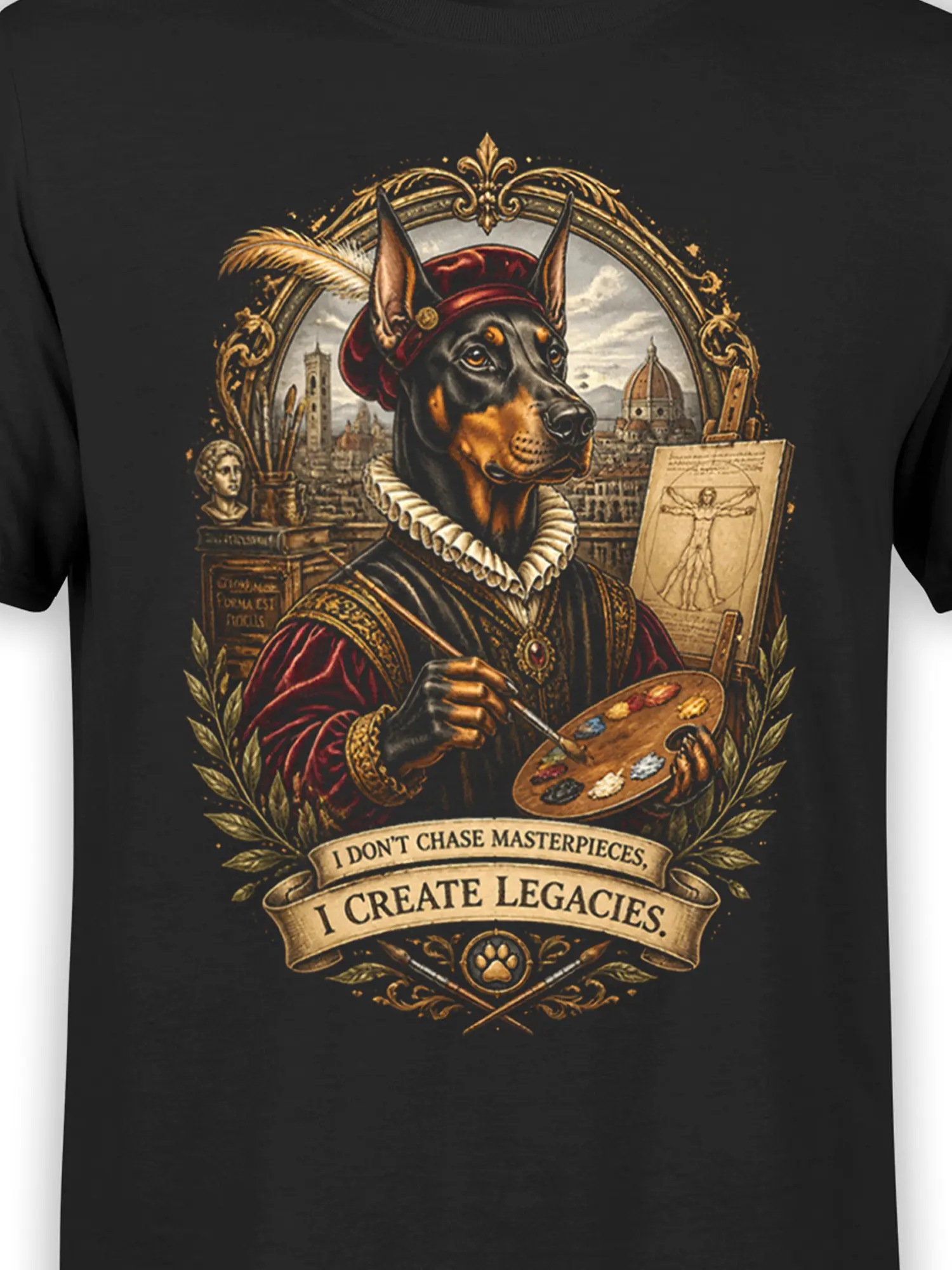 Close-up of renaissance Doberman artist graphic with paint palette, Florence background, and legacy quote on black cotton fabric