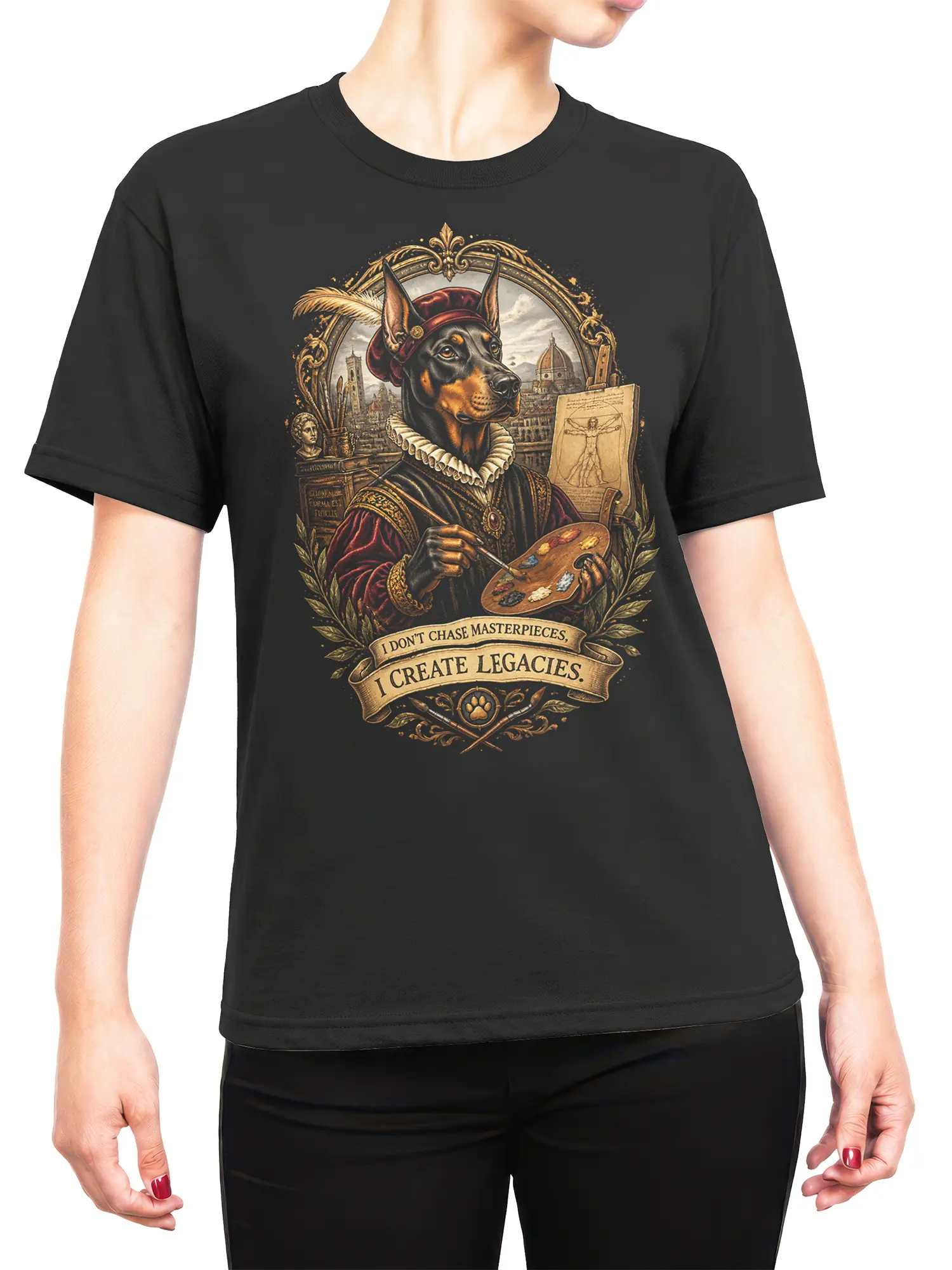 Woman wearing black renaissance Doberman artist t-shirt with ornate legacy quote design
