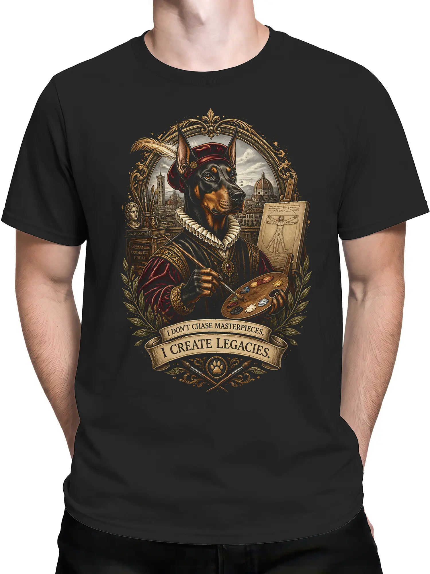 Man wearing black Doberman artist t-shirt with renaissance-style frame and legacy quote