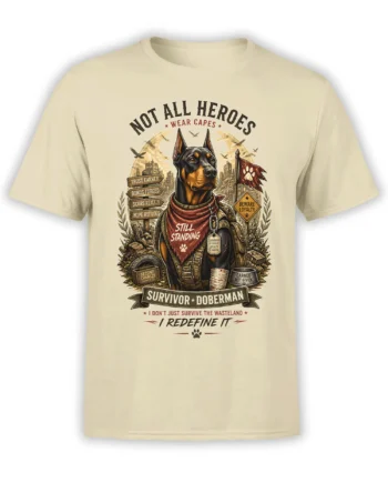 Beige unisex T-shirt with a detailed survivor Doberman graphic, wasteland city ruins, and “Not All Heroes Wear Capes” heroic text.