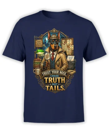 navy unisex T-shirt with vintage Doberman detective art and the phrase “Trust Your Nose, Chase Truth Not Tails” in ornate golden lettering
