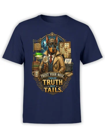 navy unisex T-shirt with vintage Doberman detective art and the phrase “Trust Your Nose, Chase Truth Not Tails” in ornate golden lettering