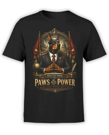 Black tee featuring a regal Doberman in a suit at an ornate desk with the gold Paws With Power leadership slogan in vintage style
