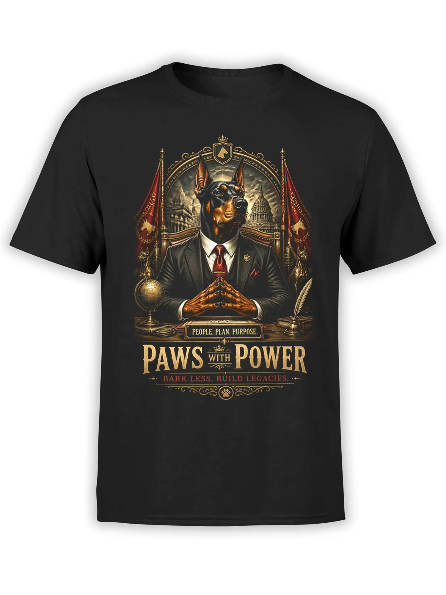 Black tee featuring a regal Doberman in a suit at an ornate desk with the gold Paws With Power leadership slogan in vintage style