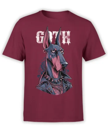 Front view of red unisex T-shirt with gothic Doberman dog in leather jacket, spikes, and chains under distressed GOTH text