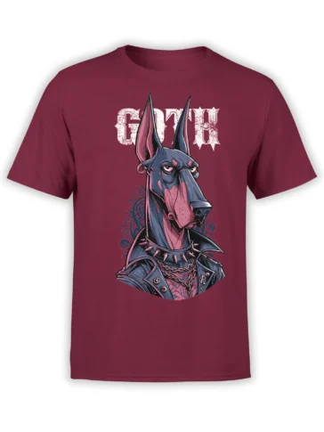 Front view of red unisex T-shirt with gothic Doberman dog in leather jacket, spikes, and chains under distressed GOTH text