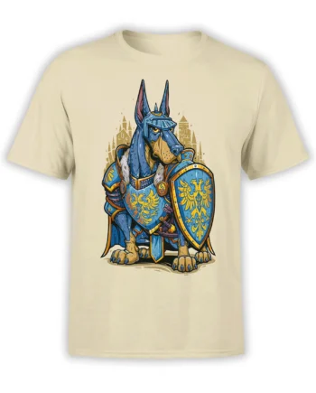 Beige unisex T-shirt featuring a regal Doberman knight in blue and gold medieval armor holding a shield and sword in front of stylized castle towers.