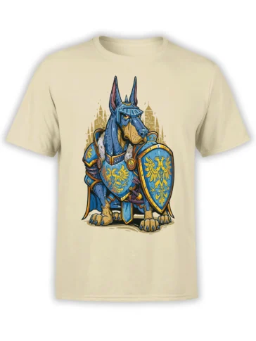Beige unisex T-shirt featuring a regal Doberman knight in blue and gold medieval armor holding a shield and sword in front of stylized castle towers.