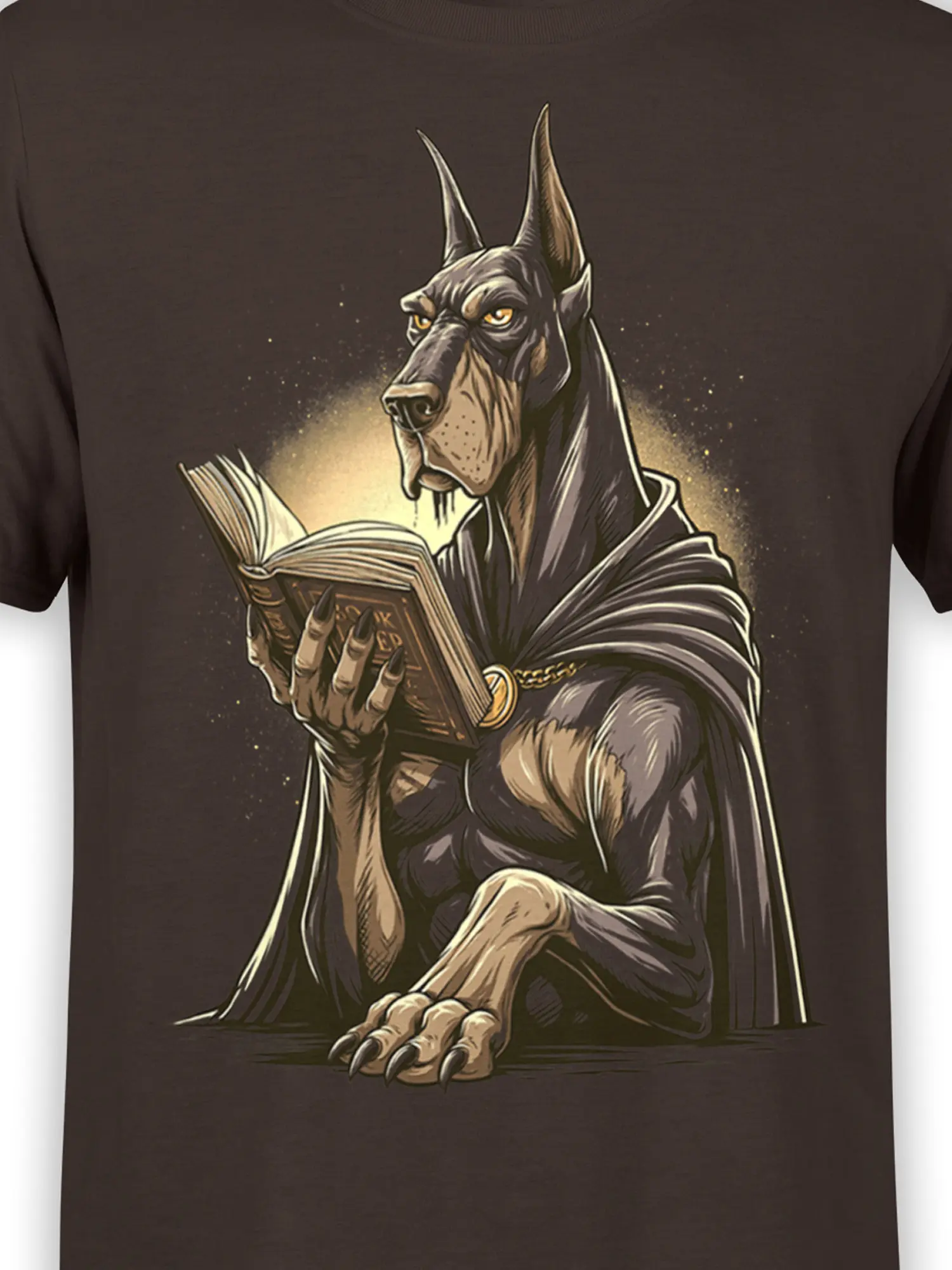 close-up of cloaked doberman reading an ancient glowing book printed on brown t-shirt showing detailed fantasy artwork