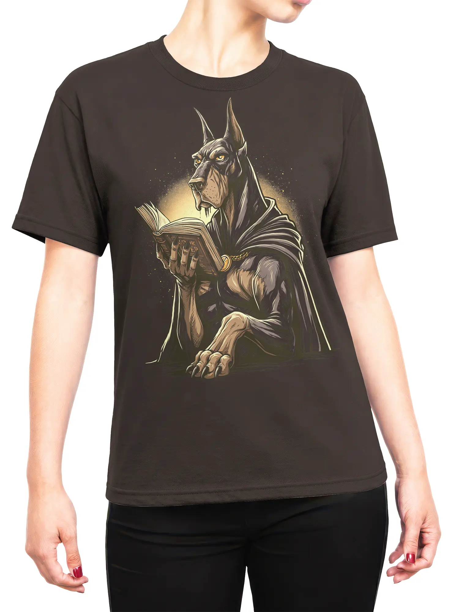 female model wearing brown doberman wizard t-shirt with cloaked dog reading an ancient glowing book