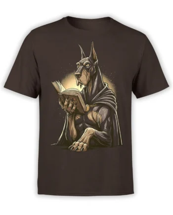 brown unisex t-shirt with detailed artwork of a cloaked doberman reading an ancient glowing book in a mystical fantasy style