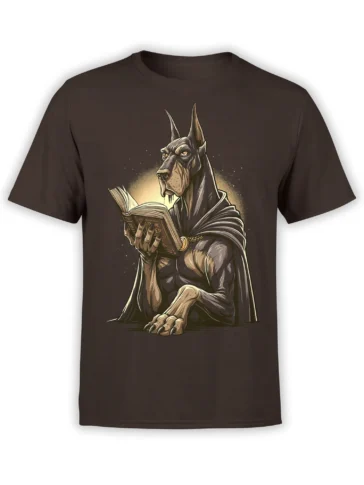 brown unisex t-shirt with detailed artwork of a cloaked doberman reading an ancient glowing book in a mystical fantasy style