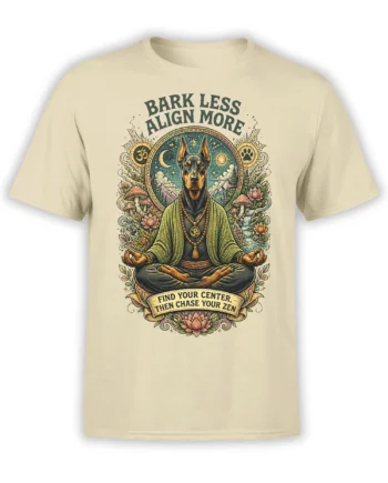 Beige unisex T-shirt with detailed zen Doberman meditation graphic, mandala background, and Bark Less Align More slogan across the chest