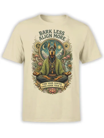 Beige unisex T-shirt with detailed zen Doberman meditation graphic, mandala background, and Bark Less Align More slogan across the chest