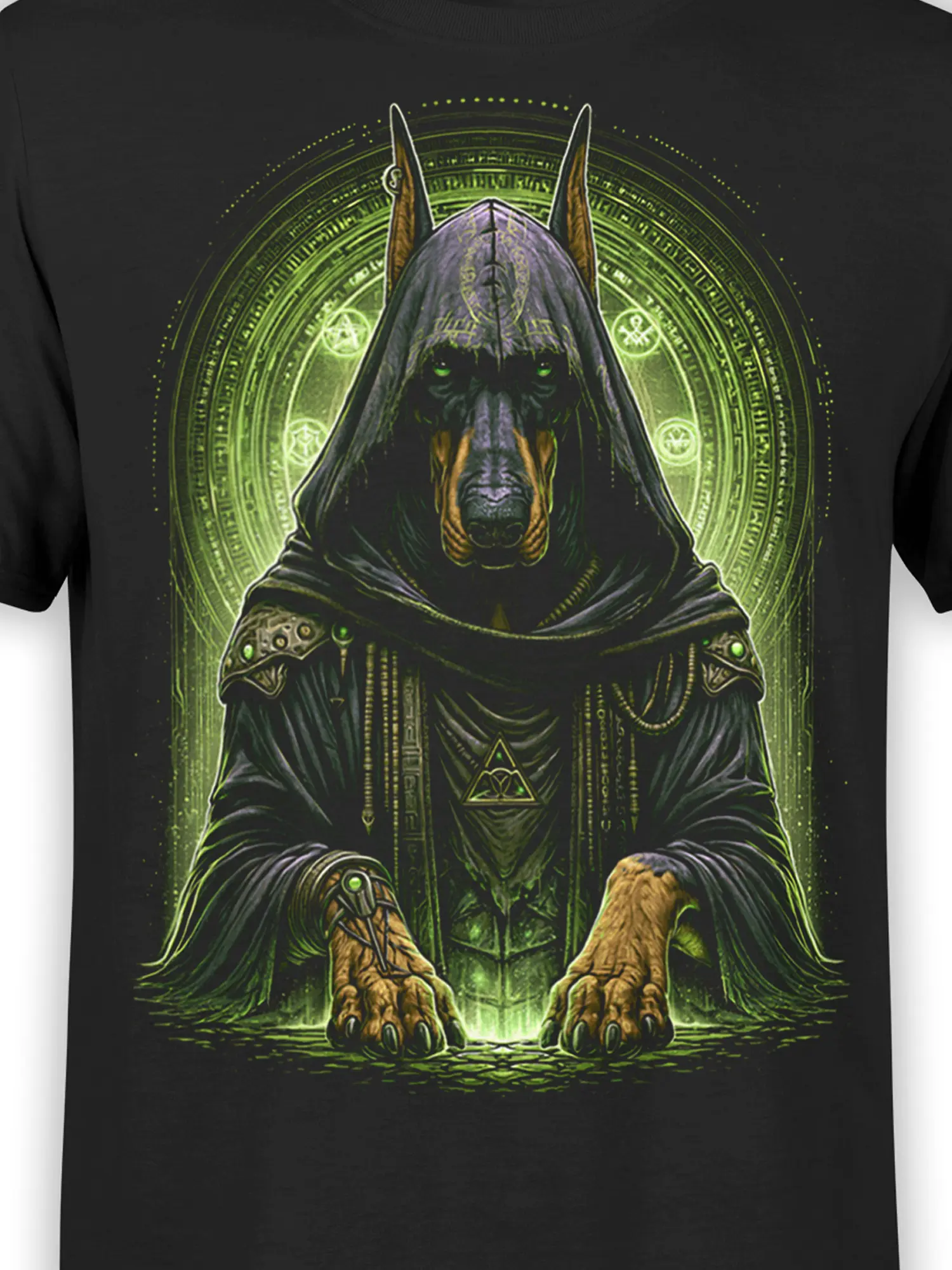 close-up of hooded Doberman sorcerer face with glowing green eyes and runic magic circle artwork