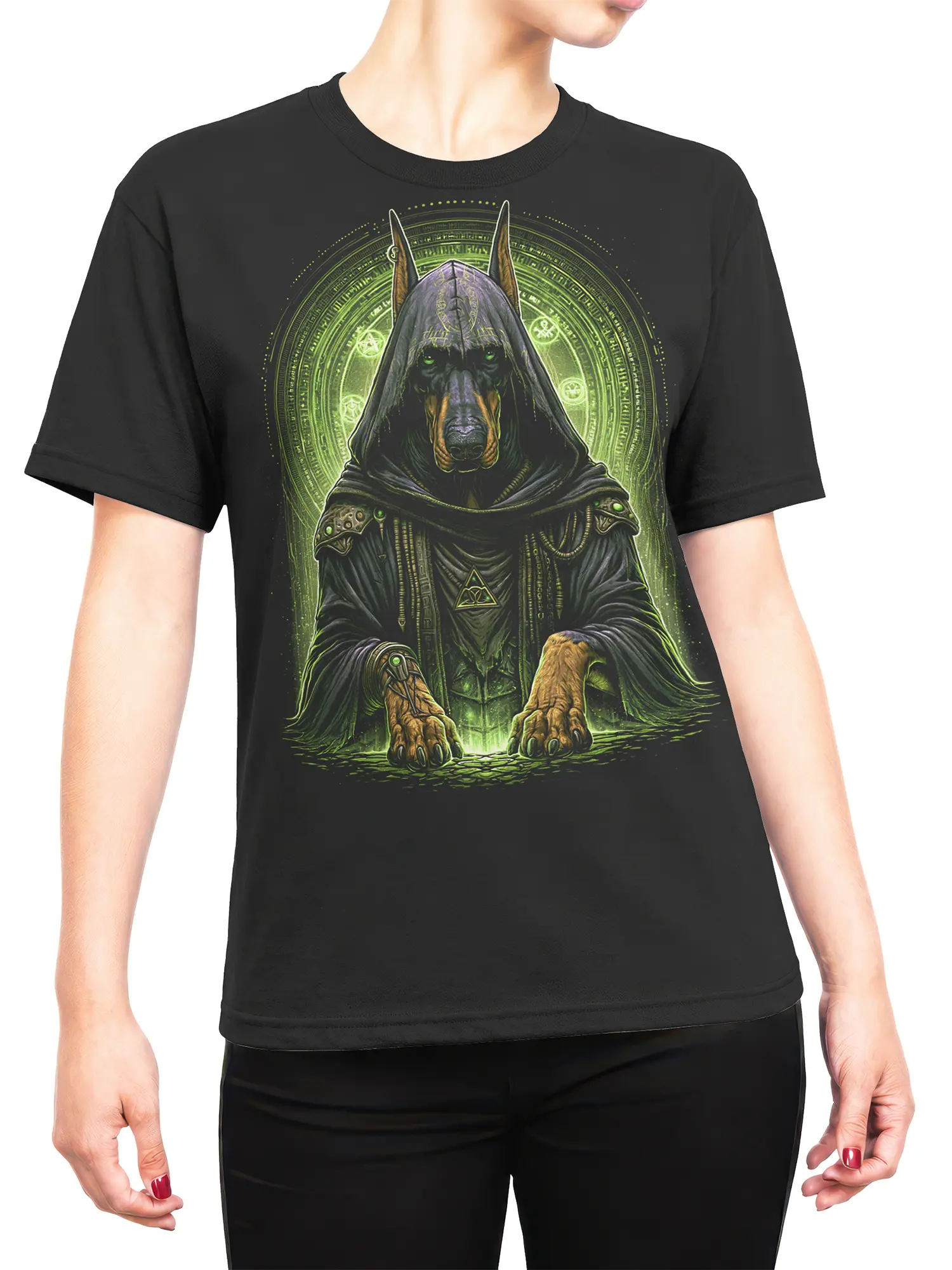 female model wearing black Doberman wizard shirt with glowing green magic artwork