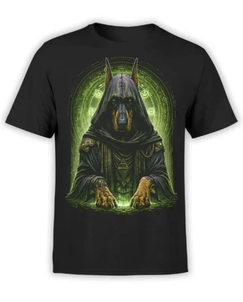 black unisex t-shirt with detailed hooded Doberman wizard and glowing green magic circle design on the chest