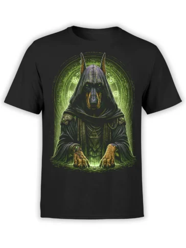 black unisex t-shirt with detailed hooded Doberman wizard and glowing green magic circle design on the chest
