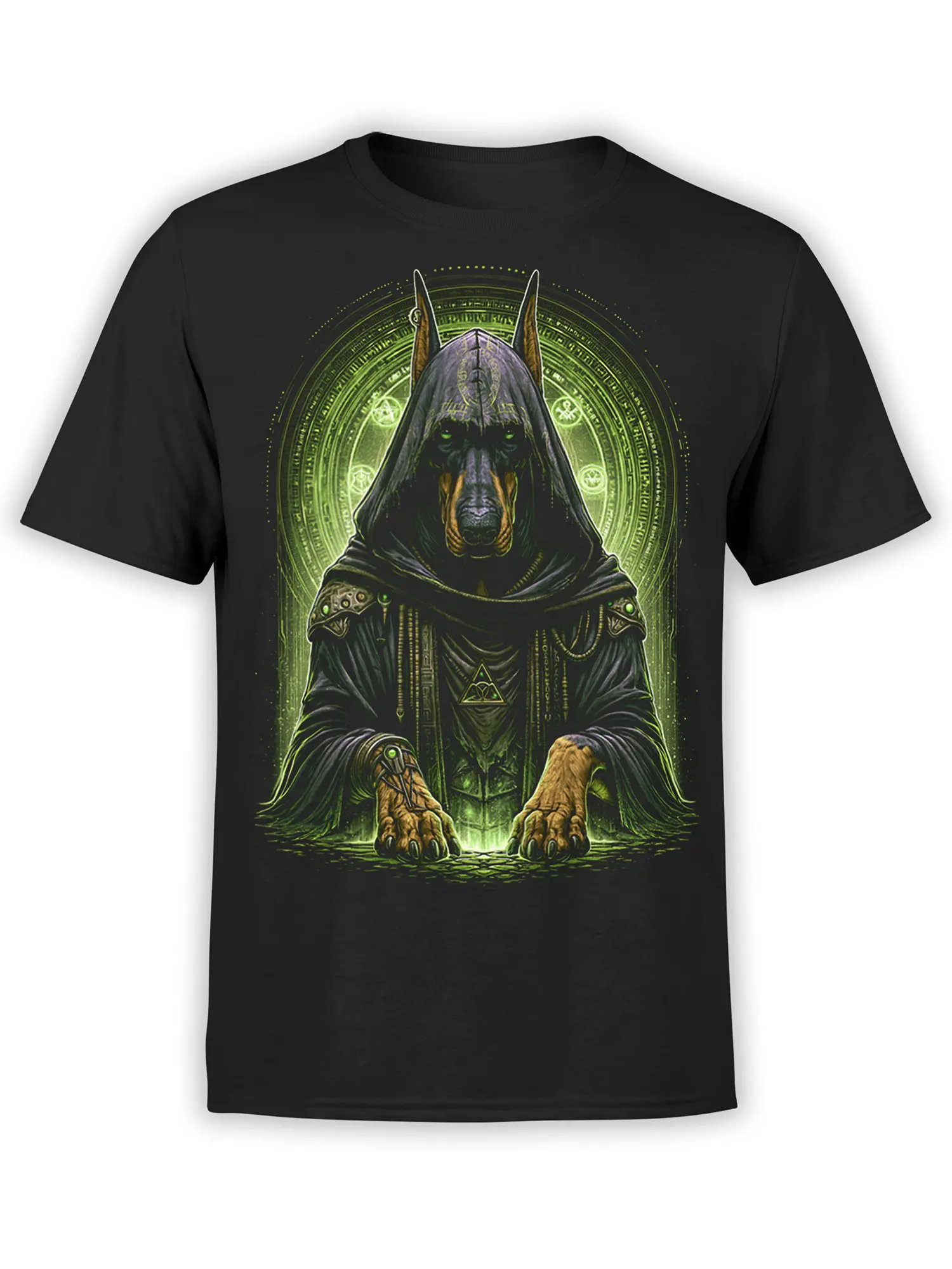 black unisex t-shirt with detailed hooded Doberman wizard and glowing green magic circle design on the chest