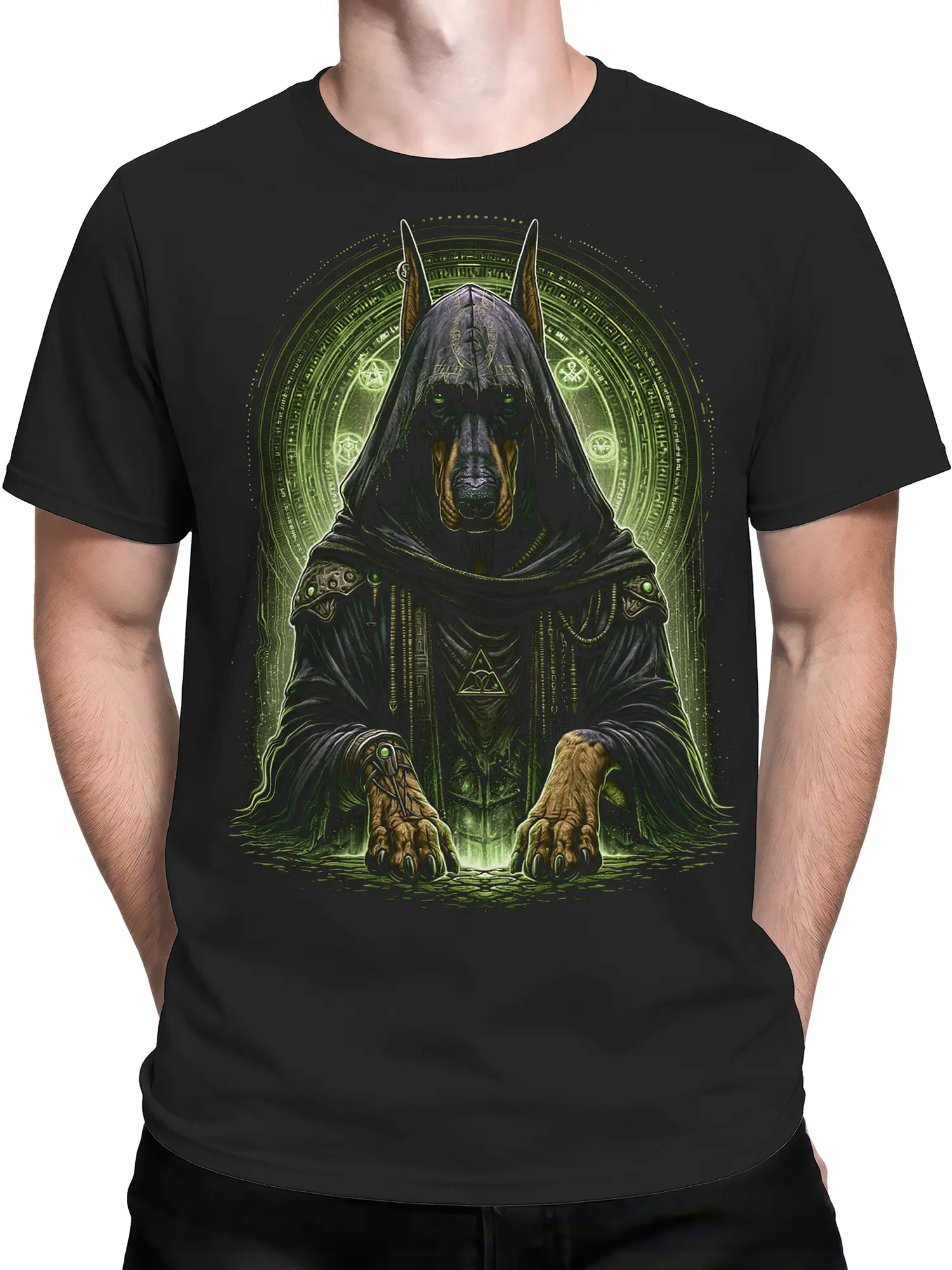 male model wearing black Doberman sorcerer t-shirt with neon green magic circle design