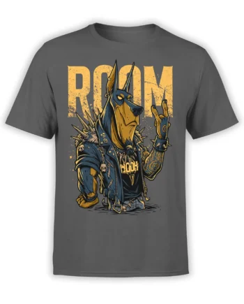 Gray unisex Doberman T-Shirt with a rocker dog in a spiked leather jacket doing the metal hand sign over bold yellow lettering