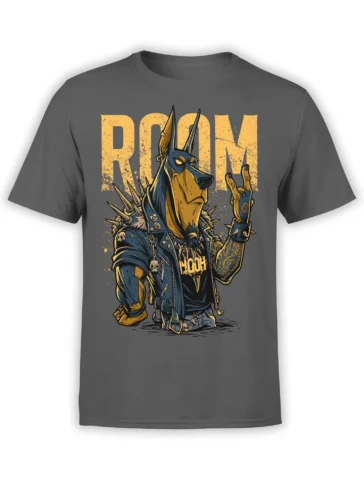 Gray unisex Doberman T-Shirt with a rocker dog in a spiked leather jacket doing the metal hand sign over bold yellow lettering