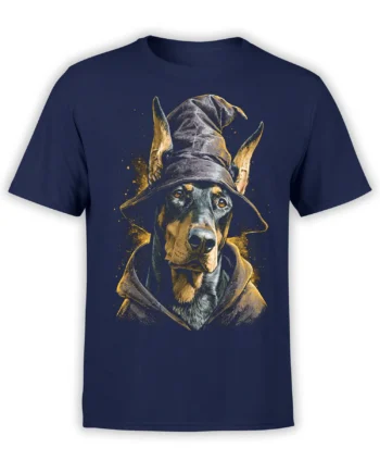 navy unisex t-shirt with detailed wizard Doberman dog illustration and gold splatter effects on the front