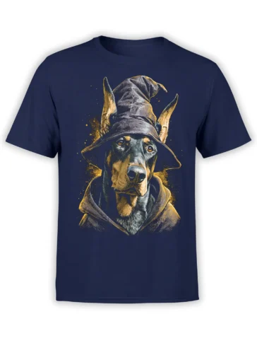 navy unisex t-shirt with detailed wizard Doberman dog illustration and gold splatter effects on the front