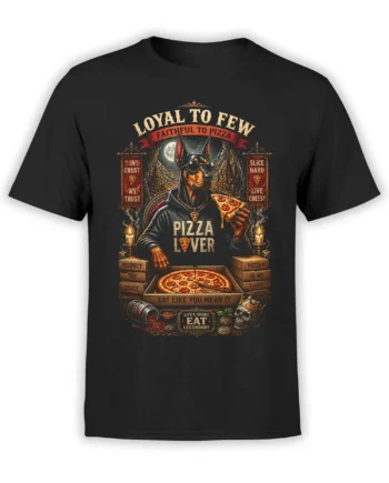 Front view of black unisex T-shirt with gothic Doberman pizza disciple artwork, pepperoni box and pizza-worship slogans