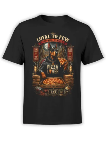 Front view of black unisex T-shirt with gothic Doberman pizza disciple artwork, pepperoni box and pizza-worship slogans
