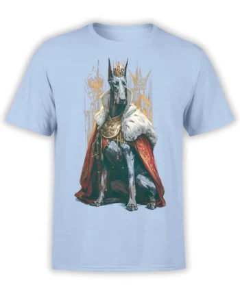 Light blue unisex T-shirt with a detailed regal Doberman in crown and red cape, illustrated in a fantasy royal portrait style.
