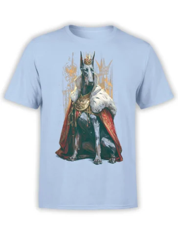 Light blue unisex T-shirt with a detailed regal Doberman in crown and red cape, illustrated in a fantasy royal portrait style.