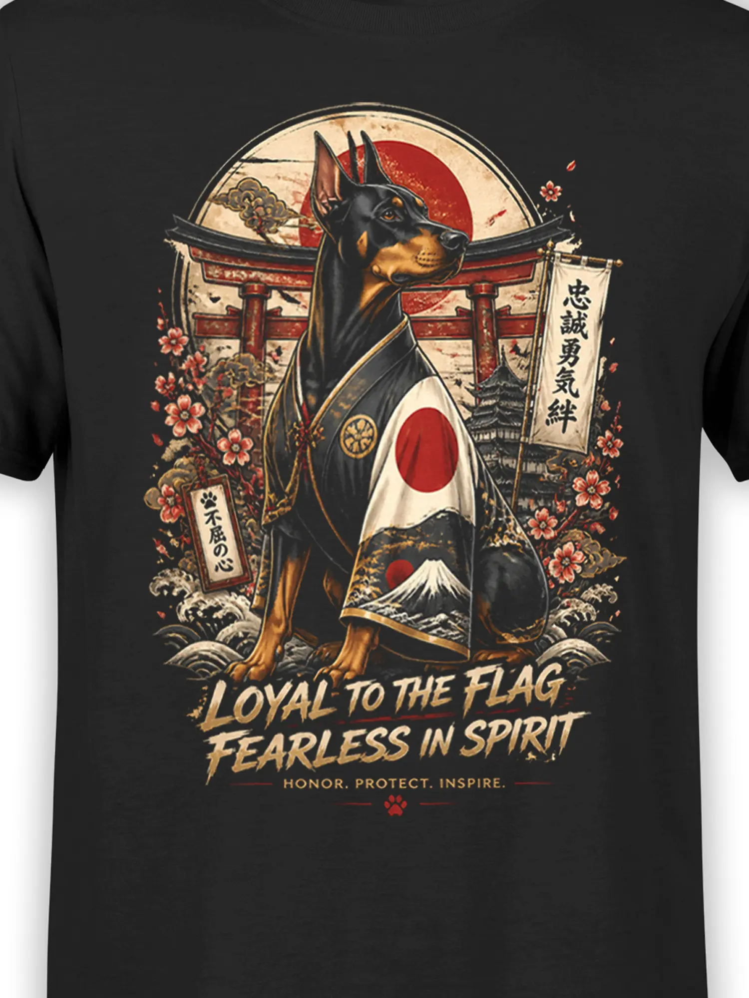 Close-up of samurai Doberman graphic with Japanese flag robe, torii gate, and floral details on black fabric