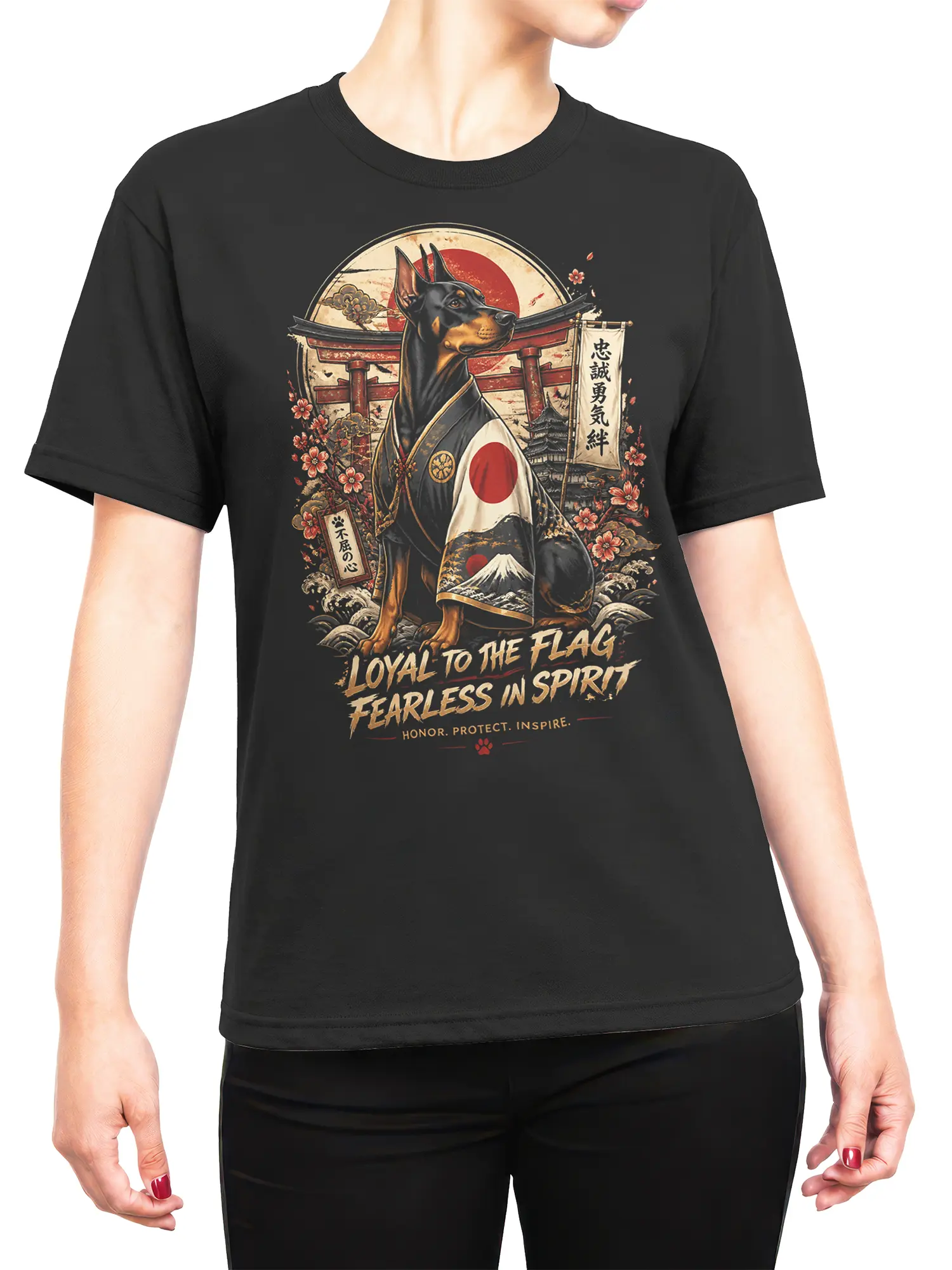 Woman wearing black samurai Doberman T-shirt with Japanese flag and torii design