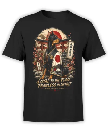 Black unisex T-shirt with detailed samurai Doberman design, Japanese flag, torii gate, and cherry blossoms in warm red and gold tones