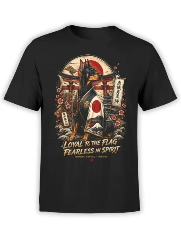 Black unisex T-shirt with detailed samurai Doberman design, Japanese flag, torii gate, and cherry blossoms in warm red and gold tones