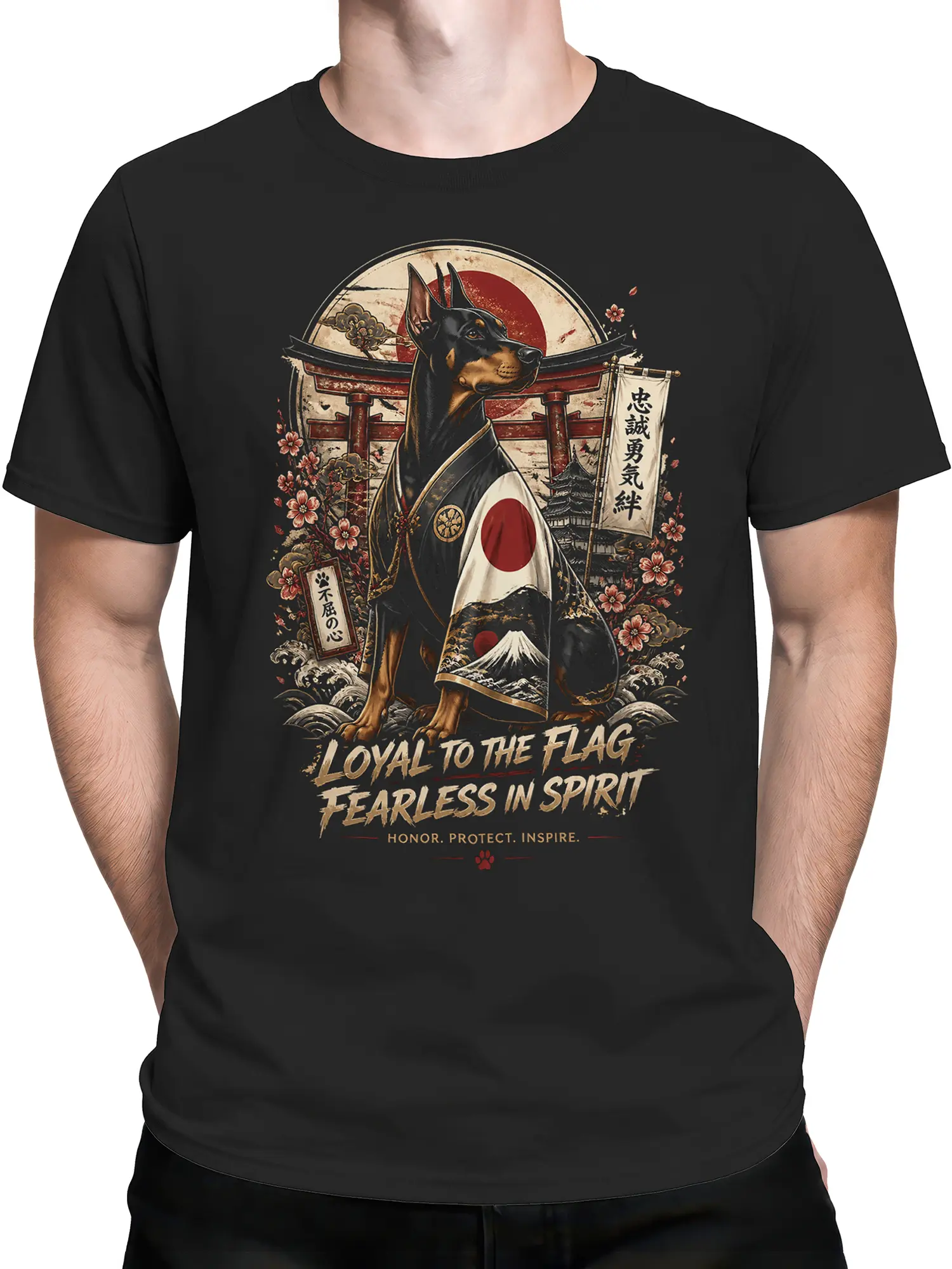 Man wearing black samurai Doberman Japanese warrior dog T-shirt