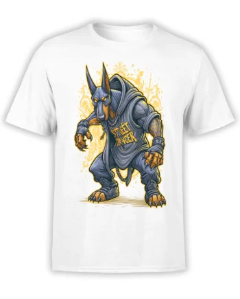 white unisex t-shirt with an illustrated doberman street dancer in a gray hoodie and yellow graffiti background