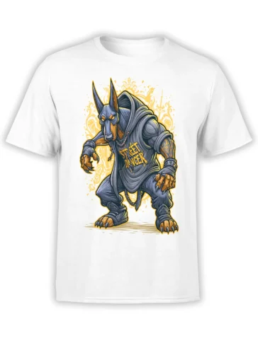 white unisex t-shirt with an illustrated doberman street dancer in a gray hoodie and yellow graffiti background