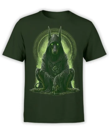 Dark green unisex T-shirt featuring a hooded Doberman sorcerer with glowing green eyes and runic magic circle background