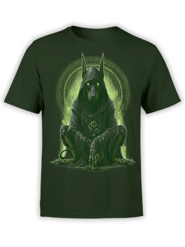 Dark green unisex T-shirt featuring a hooded Doberman sorcerer with glowing green eyes and runic magic circle background