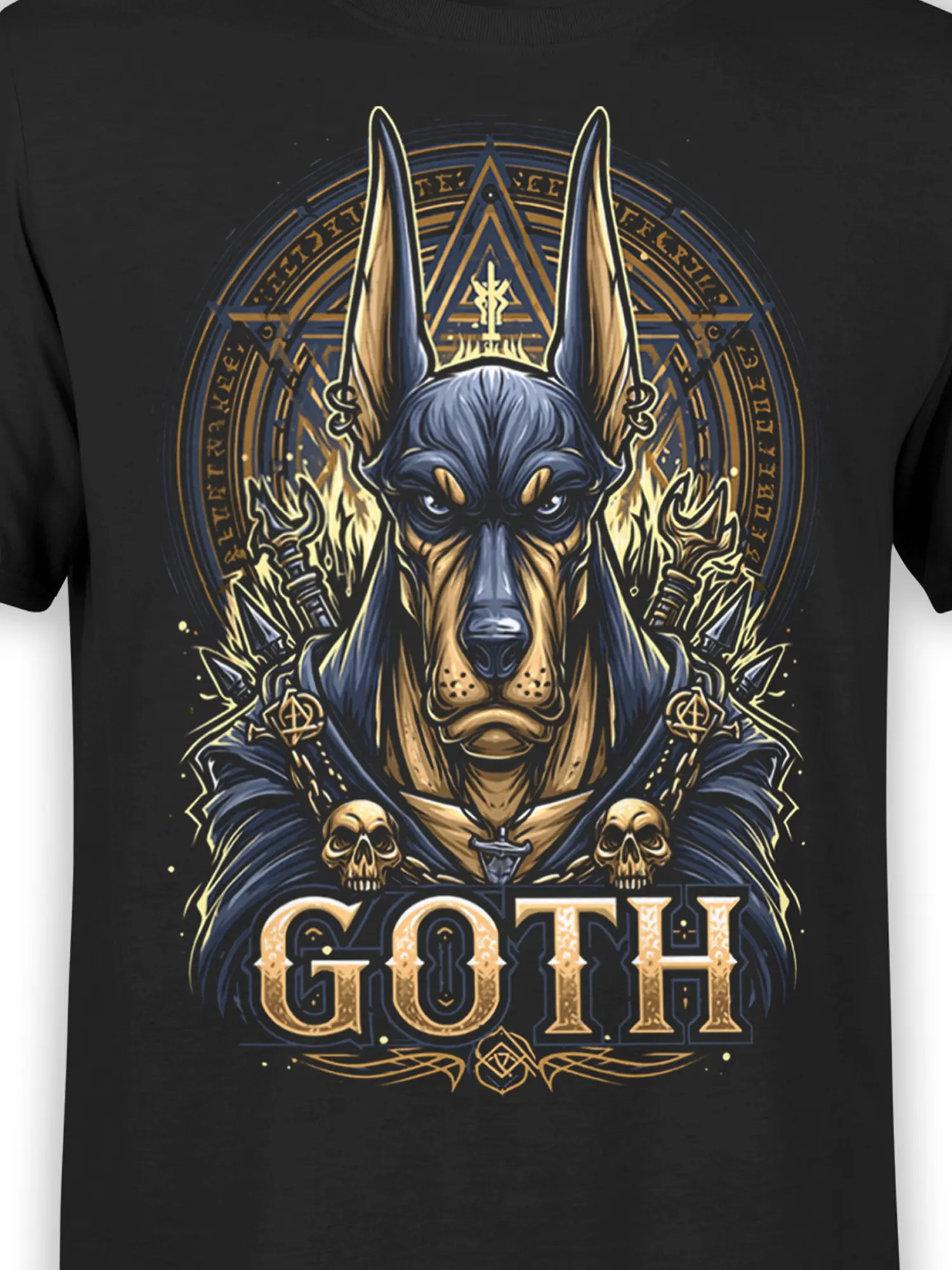 Close-up of gothic Doberman artwork with occult circle, runes, skulls, and GOTH text on a black cotton T-shirt