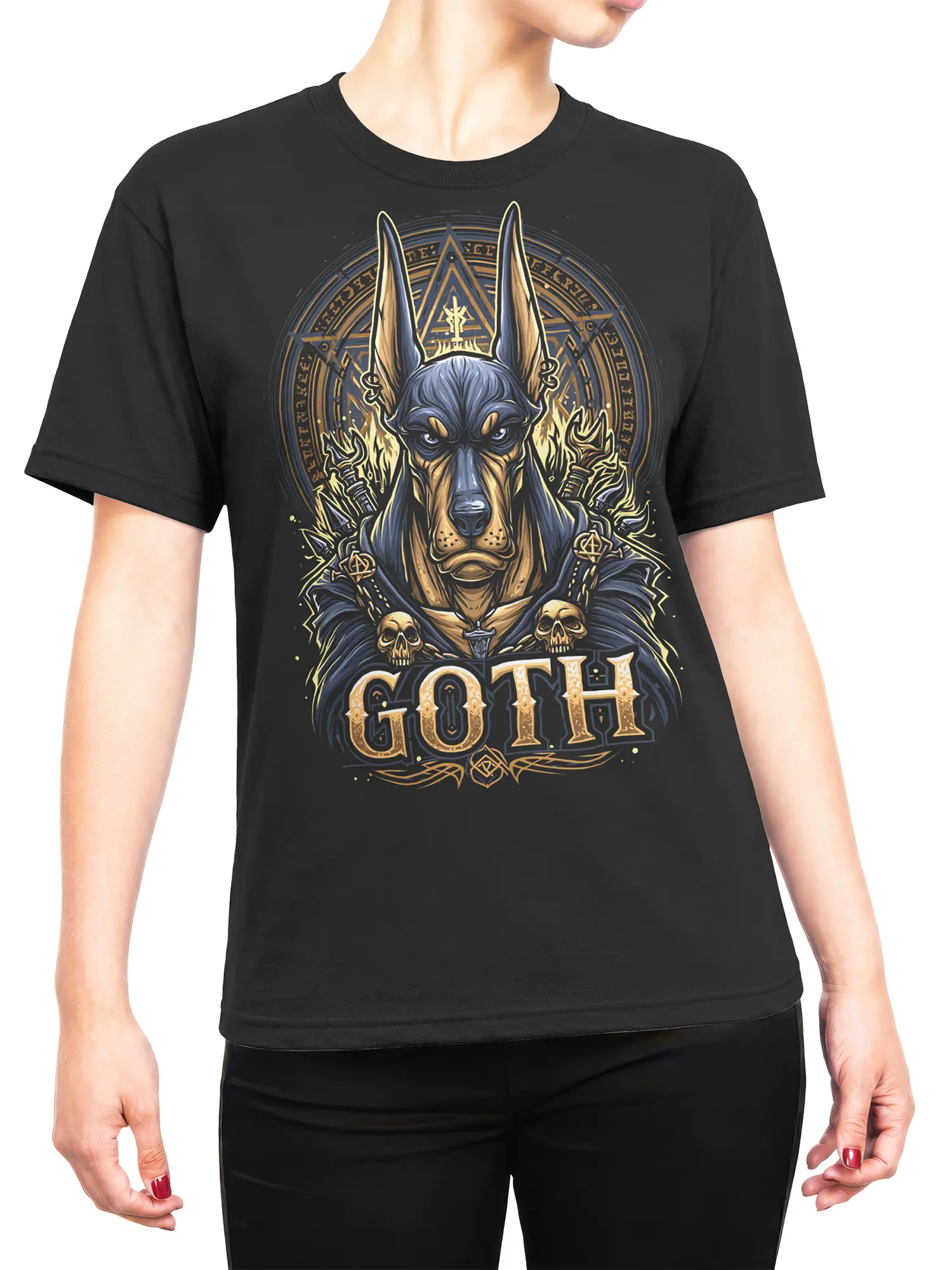 Woman wearing black Goth Doberman T-shirt with occult sigil and skull artwork across the chest