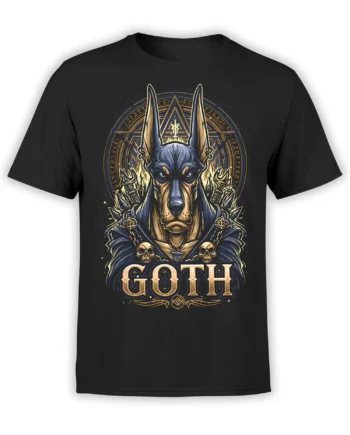 Black unisex T-shirt with a gothic Doberman dog design framed by an occult sigil, skulls, and flames, plus bold GOTH lettering