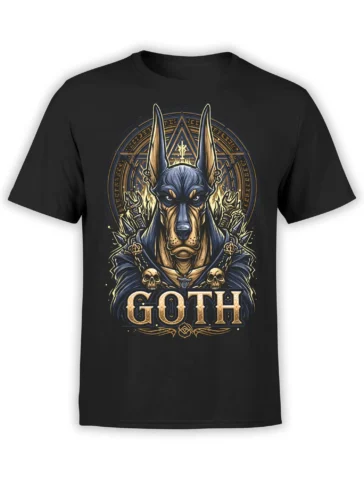 Black unisex T-shirt with a gothic Doberman dog design framed by an occult sigil, skulls, and flames, plus bold GOTH lettering
