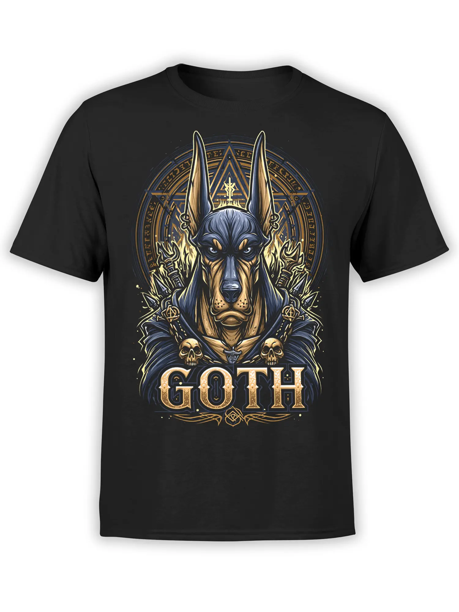 Black unisex T-shirt with a gothic Doberman dog design framed by an occult sigil, skulls, and flames, plus bold GOTH lettering