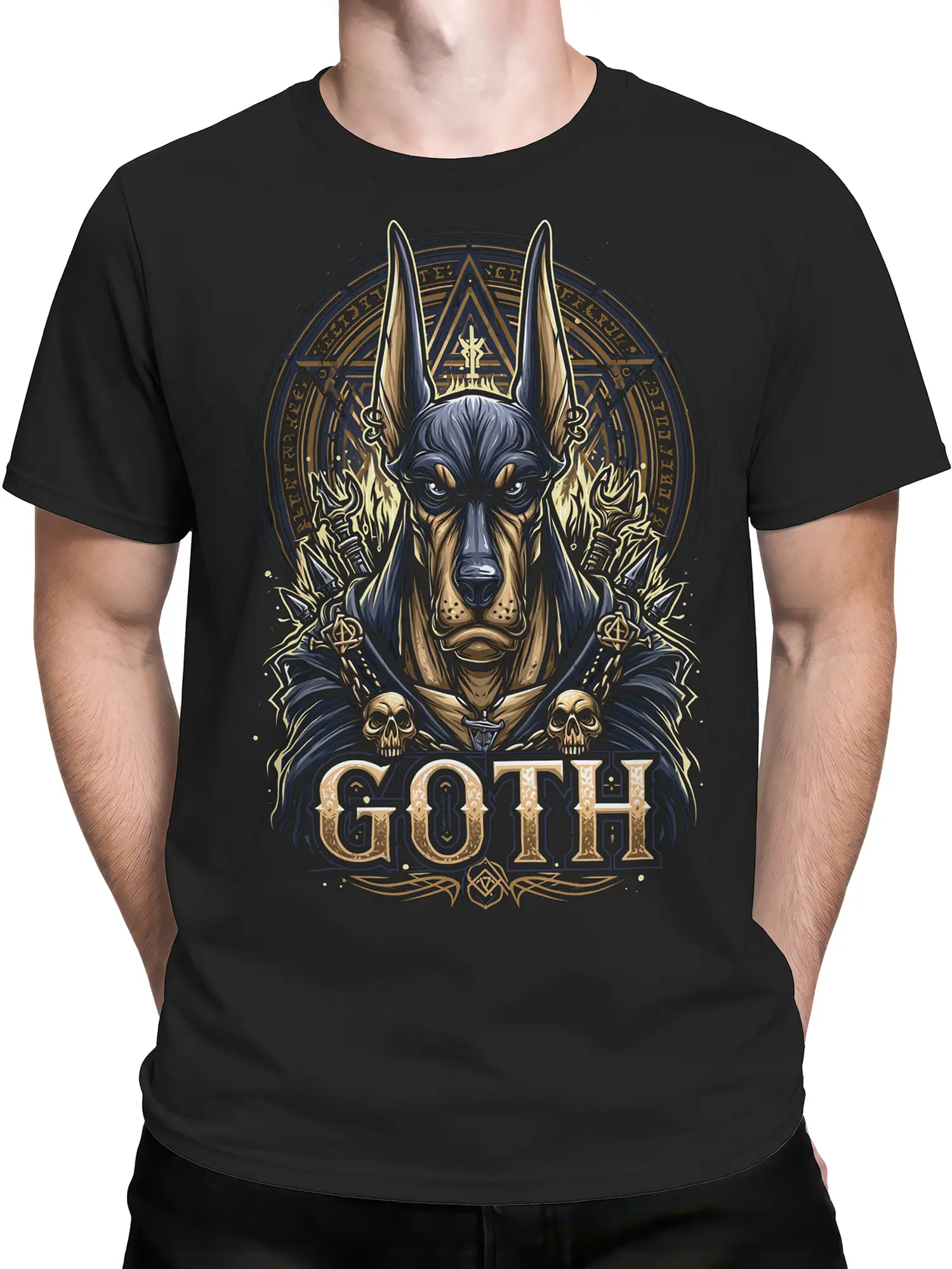 Man wearing black Doberman GOTH T-shirt with occult sigil and skulls for a dark gothic style