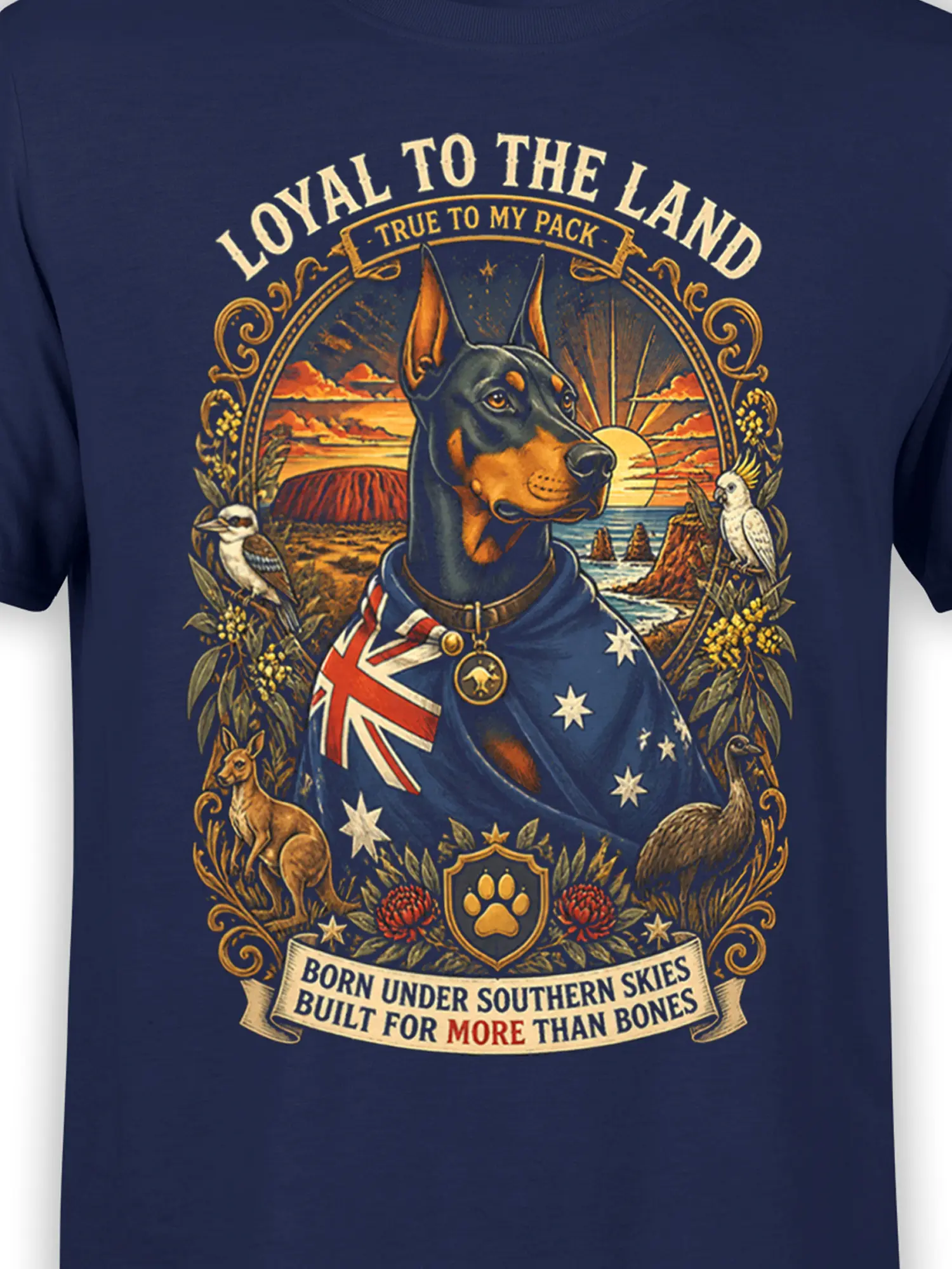 close-up of patriotic Doberman graphic with Australian flag cape and southern skies backdrop on navy shirt