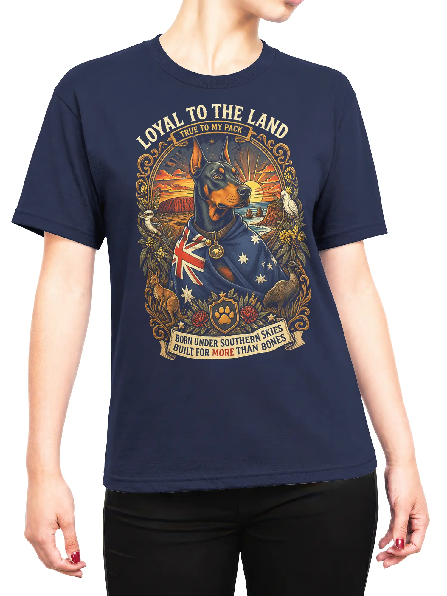 female model wearing navy Doberman Australian flag graphic tee with ornate patriotic dog design