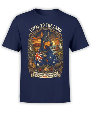 navy unisex t-shirt with heroic Doberman in Australian flag cape, sunset sky, and native wildlife framed in ornate art